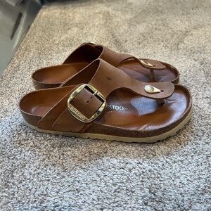 Birkenstock Brown Leather Gizeh Sandals with Gold Buckles